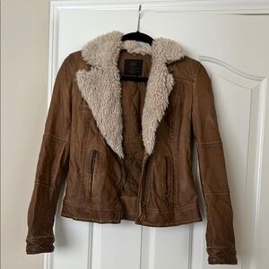 Brown Leather Jacket with Cream Fur Lining